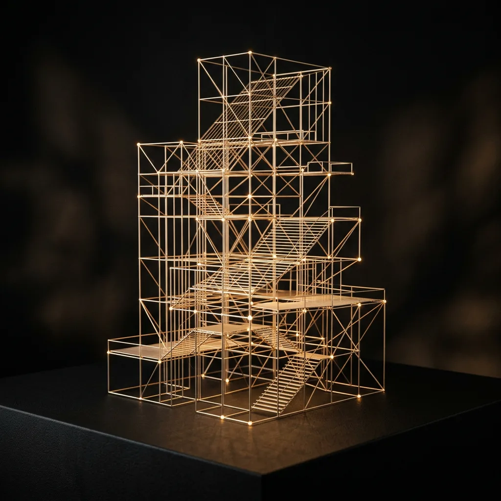 An architectural lattice of fine champagne-gold lines forming a multi-level structural framework on matte black, interconnected planes and glowing nodes. Cinematic editorial still life.