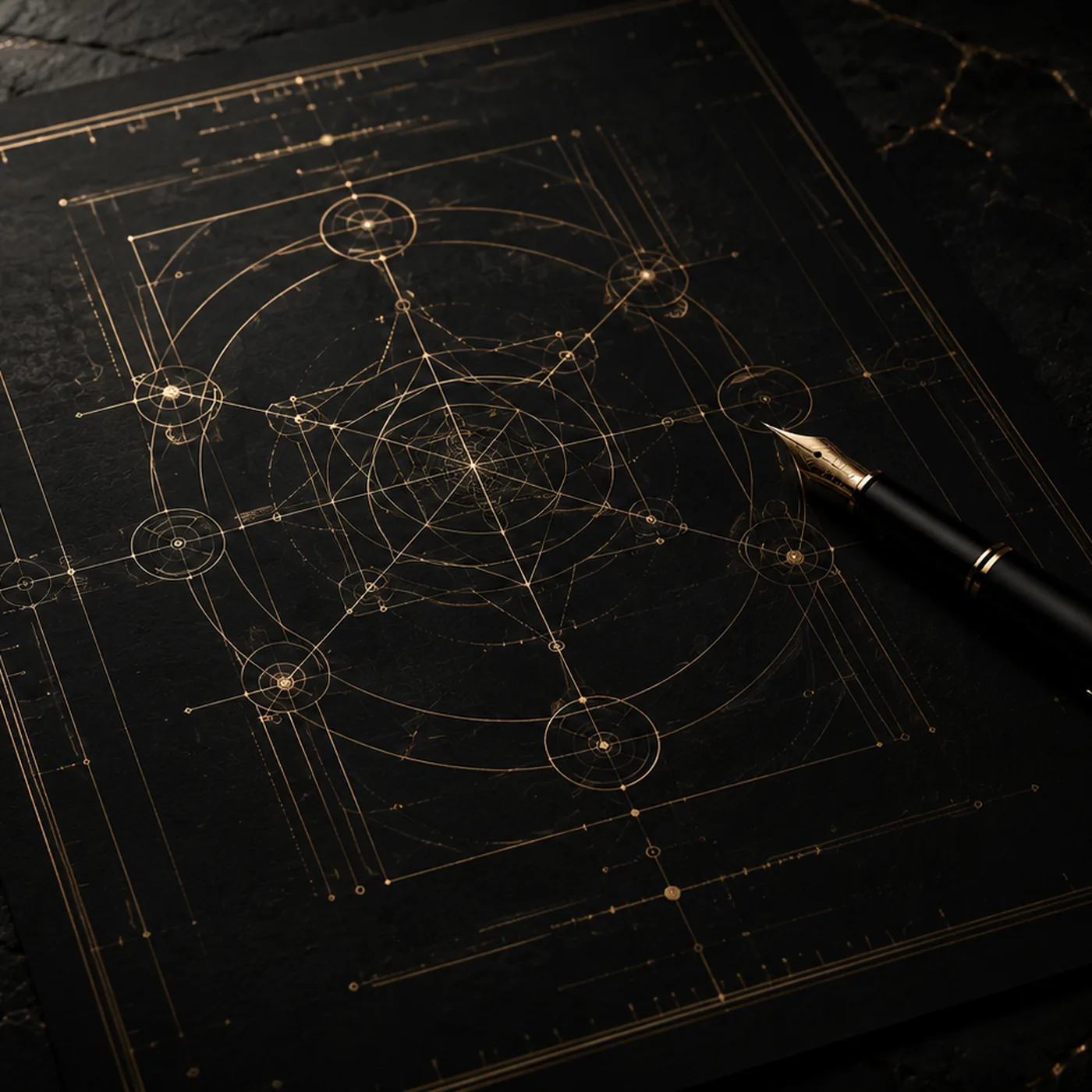 A black vellum sheet etched with a fine gold sacred-geometry diagram of nested circles, intersecting lines, and orbital nodes. A black fountain pen with gold nib rests across the corner. Cinematic editorial still life.