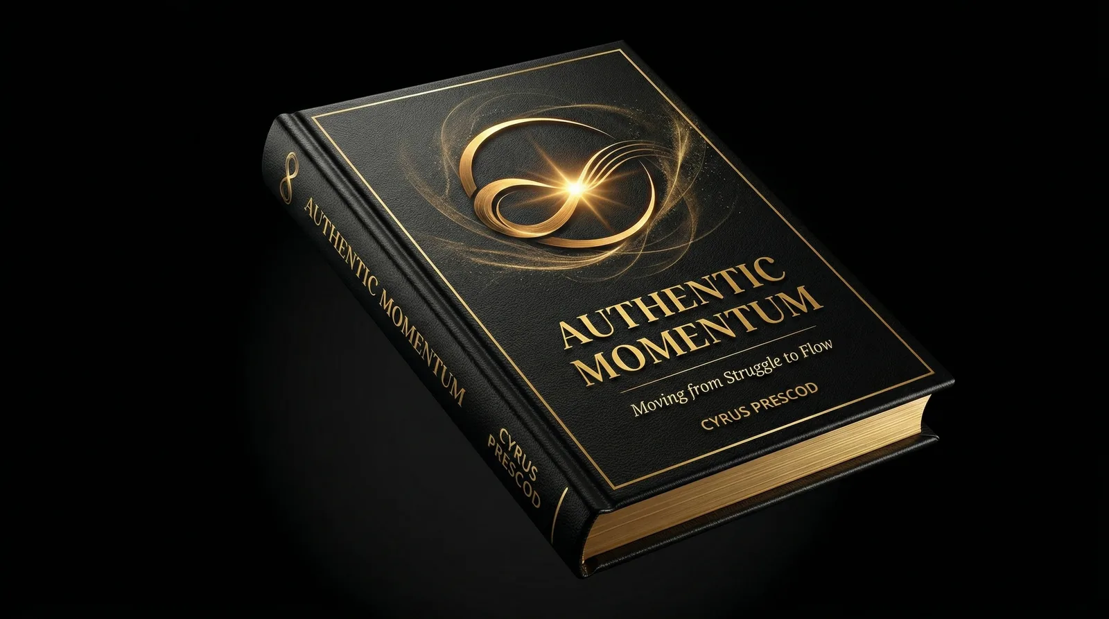 The Authentic Momentum hardcover book on a black background, gold-embossed infinity emblem on the cover with luminous starburst at its center, surrounded by swirling gold particles. Cinematic editorial still life.