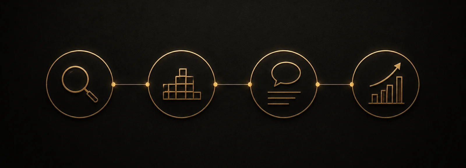 Four illuminated gold sigil nodes connected by a thin horizontal gold thread on matte black: a magnifying glass (Clarify), a tiered structure (Build), a thought bubble with lines (Express), and an upward bar chart with arrow (Scale).