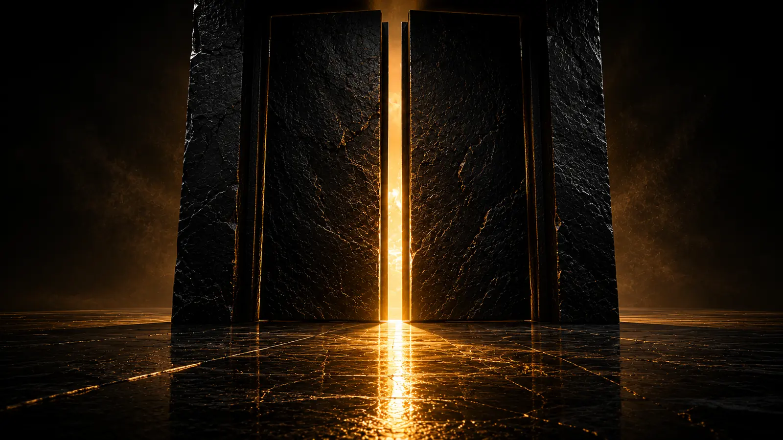 Two towering black stone monolith doors split by a vertical seam of brilliant gold light, reflecting onto a gold-veined marble floor. Cinematic editorial composition, premium magazine feel.