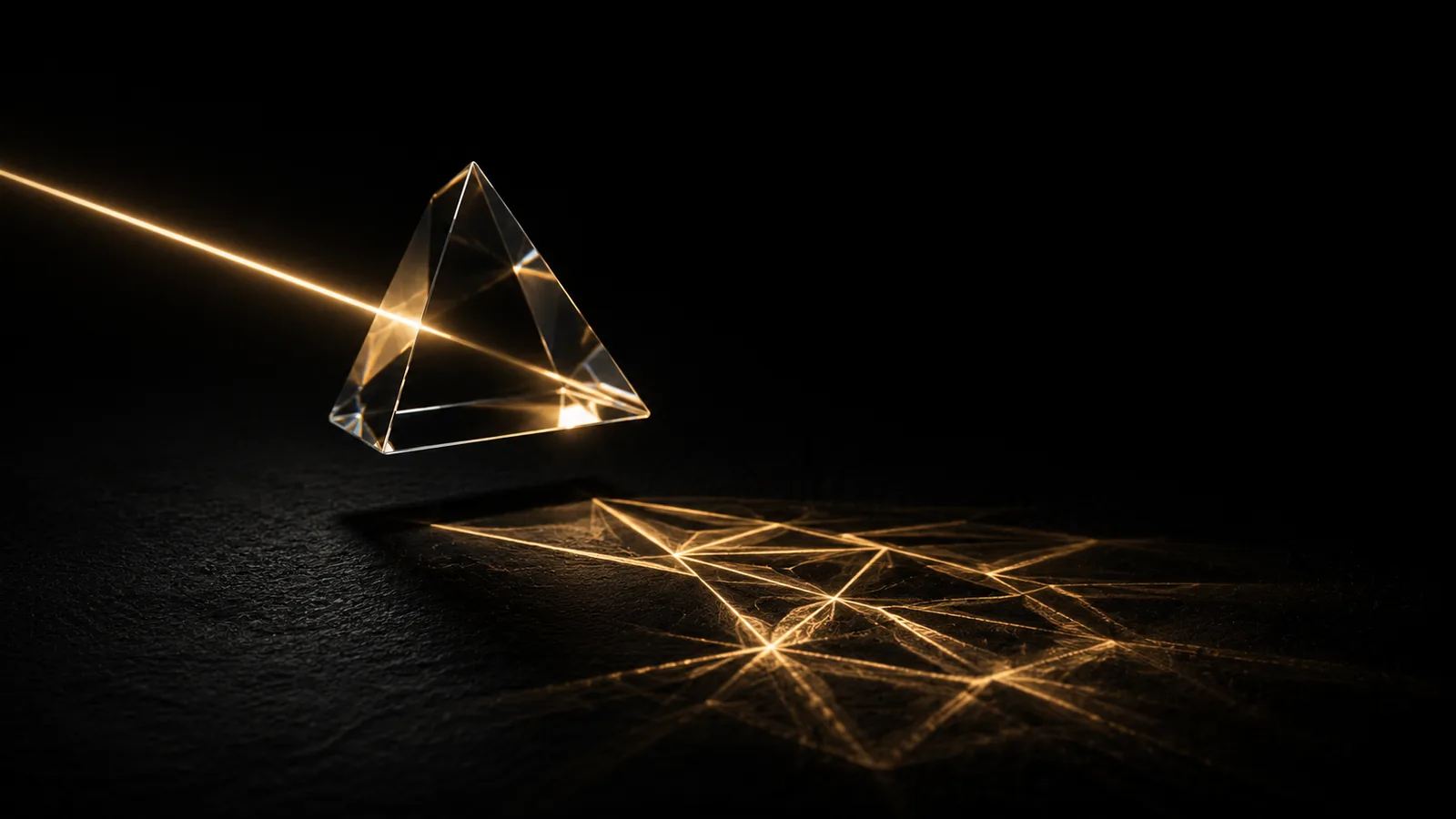 A clear glass prism on matte black, struck by a single warm gold beam that refracts into a geometric lattice of gold light on the surface below. Cinematic editorial still life, premium magazine composition.